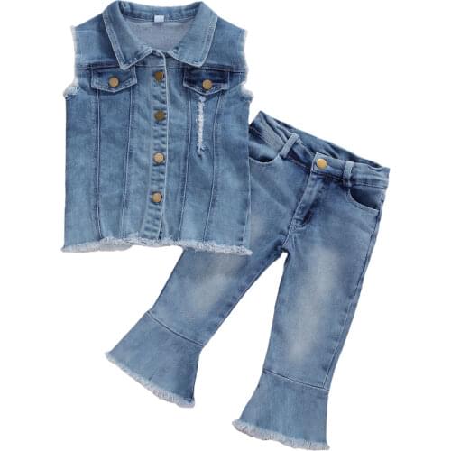 2020 Fashion Infant Baby Girls Clothes Sets Denim Sleeveless Single Breasted Blue Jacket Tops Long Pants