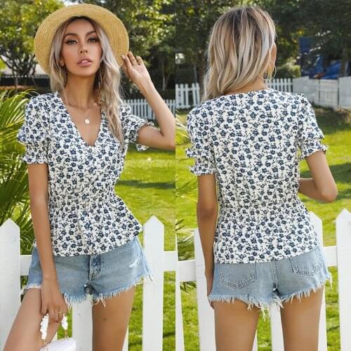 2021 Summer Chiffon Top Printed V-neck Short Sleeve Shirt LadiesFashion Clothes Woman Tops Button Up Shirts Women-blouses