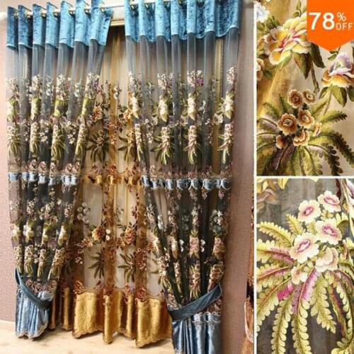 Romantic Tulle Flowers embroidery eyelet string curtain sheet gold 3D curtains tulle with valance velvet eyelets tulle curtains