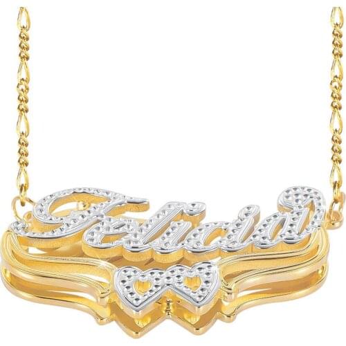 Two Tone Gold Plated Personalized Hollow Heart Double Plate 3D Name Necklace Women Gift