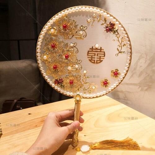 Group fan material magpie Chinese wedding bag show dragon phoenix ball-shaped double bread mail luxury hand fan