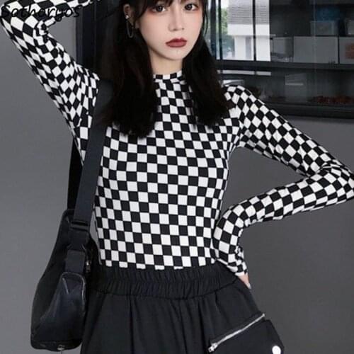 Plaid T-shirts Retro Underwear Skinny Harajuku Long Sleeve Comfort Females Tees Leisure All-match Students Hipster New-arrival