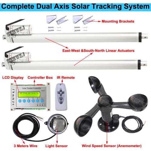 Set of Dual Axis Solar Tracking Tracker 5.7mm/s 16" Linear Actuators 1500N 12V DC Motor LCD Controller Anemometer Complete Kits