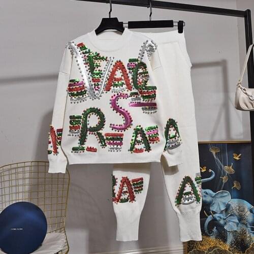 Fashion Loose White Black Knitted Tracksuit Women Beading Sequins Letter Sweater Pencil Pants Set Female Knit Outfits Streetwear