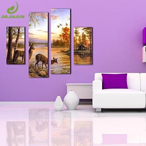 4 Panel Wall Wodern Wrt Wil Wainting Canvas Abstract Modern Art painting Sika Deer Picture Print Living Room Home DecorAtion Pai