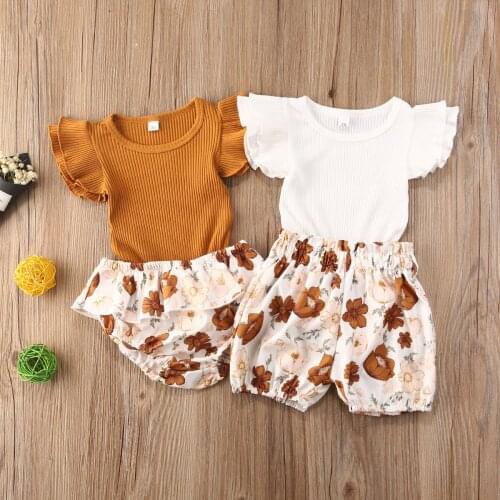 New Summer Toddler Baby Girls Clothes Set Fly Sleeve Cotton Romper Tops+Floral Shorts 2Pcs Boho Baby Outfits Clothing