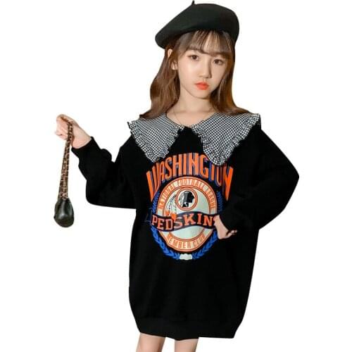 Girls autumn long loose sweater Girls long doll collar sweater dress Girl lively cute letter decoration sweater