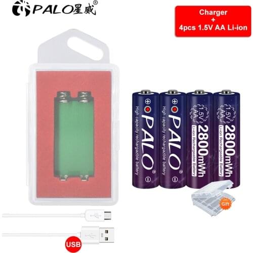 PALO 4Pc/Set Fast-charing 1.5V AA Li-ion Battery 2800mWh Lithium Cold-resistant Battery Rechargeable Batteries with FREE charger
