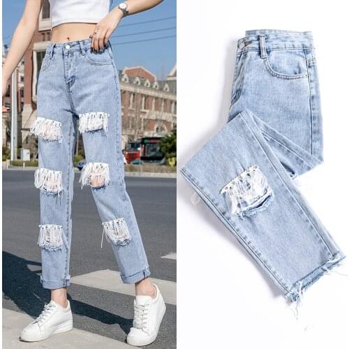 Straight Jeans Fashion Beading Embroidery Ripped Hole Denim Pants Womens Summer Lace Patchwork High Waist Ankle-Length Trousers