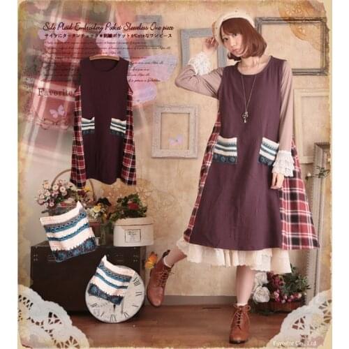 Rockabilly Mori Girl School Girl Vintage Retro Plaid Tweed Crochet Embroidery Patchwork Romantic Women Autumn Winter Thick Dress