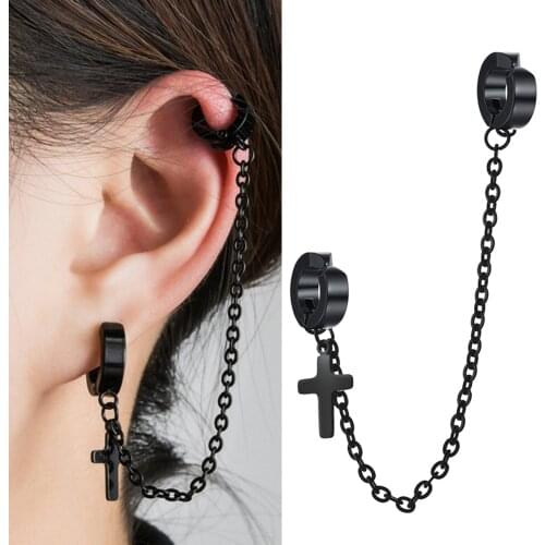 1 PC Punk Trendy Black Cross Design Two Hole Piercing Earrings for Women Brilliant Zircon Long Chain Earring Party Jewelry Gift