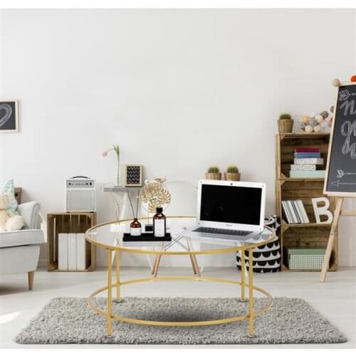 36" Golden 5mm Thick Tempered Glass Countertop Round Wrought Iron Coffee Table