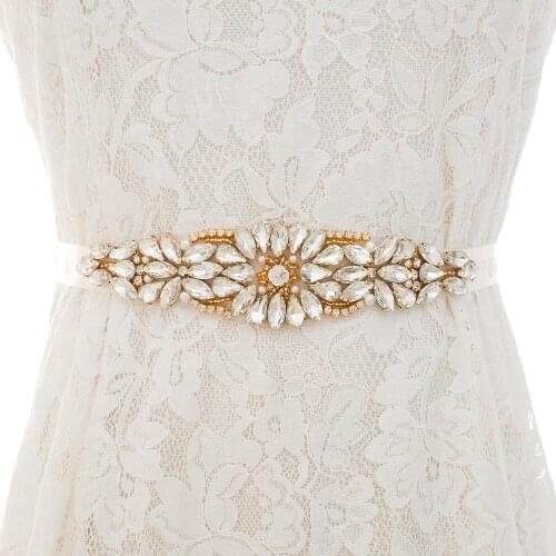 SESTHFAR Wedding Belt Gold Crystal Bridal Dress Sash Rhinestones Bridal Belt Handmade Trim Applique For Wedding Accessories