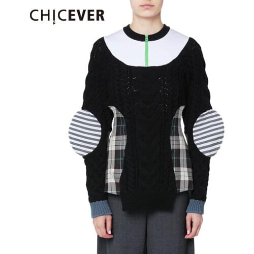 CHICEVER Patchwork Sweaters For Women Turtleneck Puff Long Sleeve Knitting Hit Color Pullovers Female 2021 Fashion Clothing New