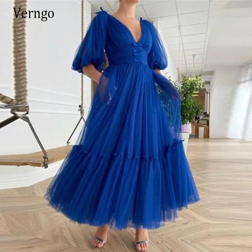 Verngo 2021 Royal Blue Dotted Tulle Prom Dresses With Pockets Puff Sleeves V Neck Tea Length Vintage Formal Party Gowns