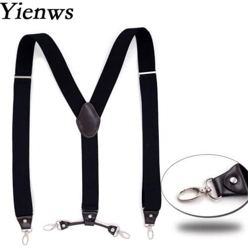 Yienws Men Leather Suspenders for Pants 4 Clip Button Trousers Brace Strap Man Suspensorio Black Bretelles Hommes 120cm YiA017