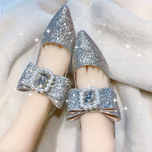 Spring and summer new water drill sequin bow thick heeled womens shoes wedding shoes flash single shoes