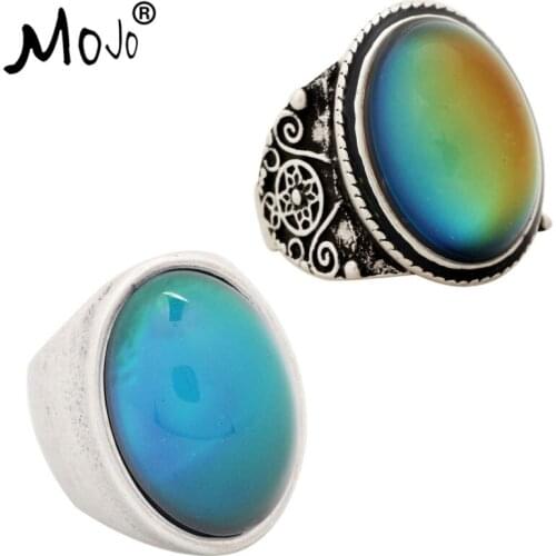 2PCS Antique Silver Plated Color Changing Mood Rings Changing Color Temperature Emotion Feeling Rings Set For Women/Men 004-024