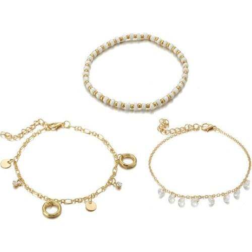 3Pcs/Set Women Anklet Creative Crystal Beaded Decor Ankle Chain Charm Bracelet For Beach Party Dress Up Jewelry Accessories