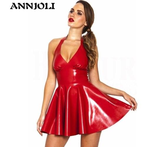 ANNJOLI Women Sex Wetlook Halter Dress PU Leather Shiny Hanging Neck Lingerie Latex Catsuit Rubber Clubwear Erotic Mini Costumes