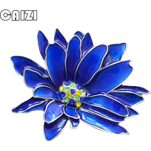 CAIZI 2019 New Rhinestone Flower Brooch Pin for Women Blue Crystal Chrysanthemum Brooches Wedding Jewelry Clothes Accessories