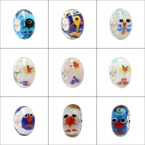 925 Sterling Silver Large Hole 3D Colorful Animal Goldfish Flowers Murano Glass Charm Beads Fit European Bracelet Jewelry