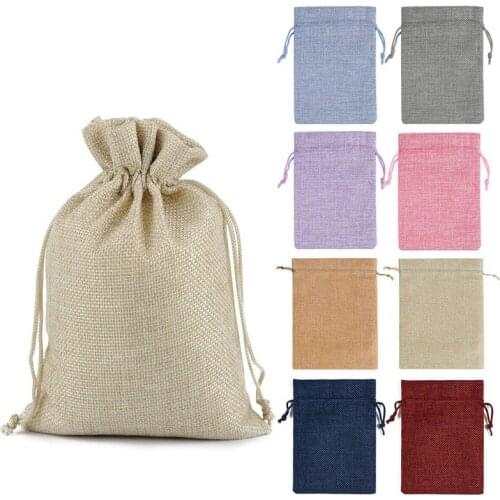 50Pcs/lot Natural Linen Burlap Bag Jute Gift Bag Drawstring Gift Bags with Handles Gift Packaging Party Favor Candy Bags