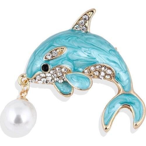 Hot sale blue dolphin pearl pendant badge brooch oil drop enamel diamond corsage suit coat accessories pin jewelry