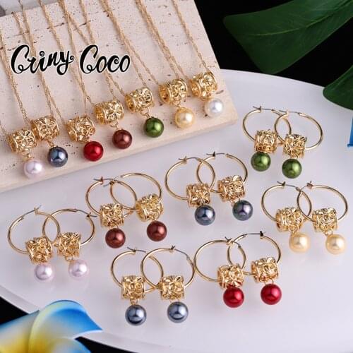 Cring Coco Multi-color Pearl Jewelry Sets Hawaiian Pink Gold Polynesian Frangipani Pendant Necklaces Hoop Earrings Set for Women