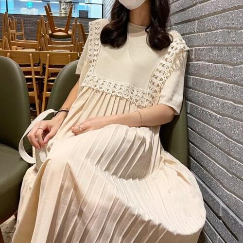 Korean Chic Summer French Round Neck Stitching Lace Loose Design Hem Knitted Pleated Dress Long Skirt Women