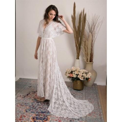 Lace V Neck Bridal Dress Cap Sleeve Sweep Train Bohemian Bohemian Boho Beach Backless Wedding Dress Wedding Gown Bridal Gown