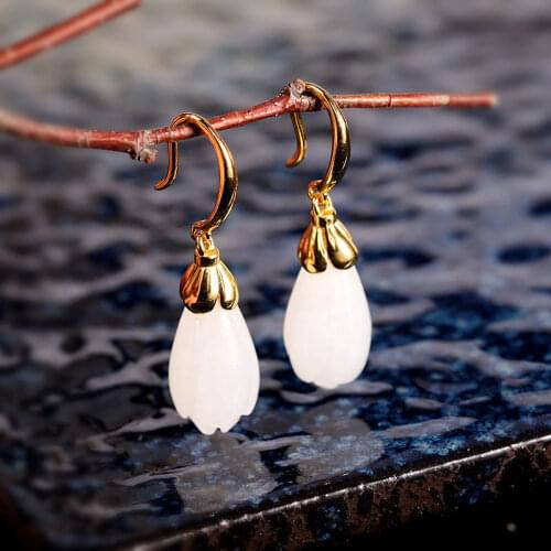 Natural Hetian Jade Magnolia Ear Hook S925 Sterling Silver Gilding Ancient Gold Craft Simple Elegant Exquisite Fairy