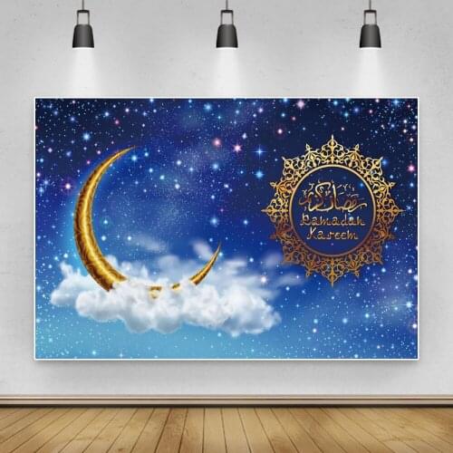 Laeacco Ramadan Kareem Backdrops Blue Sky White Clouds Moon Stars Garland Baby Shower Photography Backgrounds Newborn Photophone