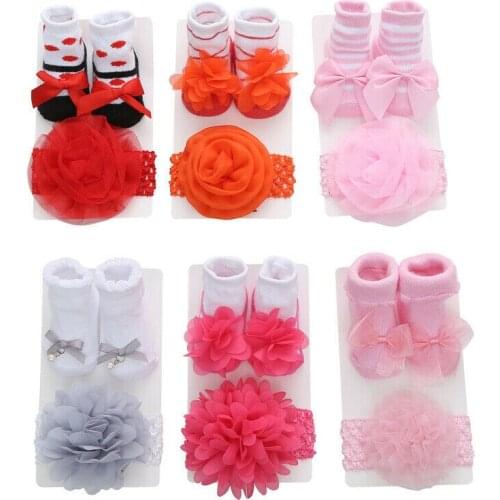 Newborn Baby Girls Warm Cotton Socks Toddler Lace Bow Princess Cute Bowknot Socks+ Hair Band Set Photo Props Gifts