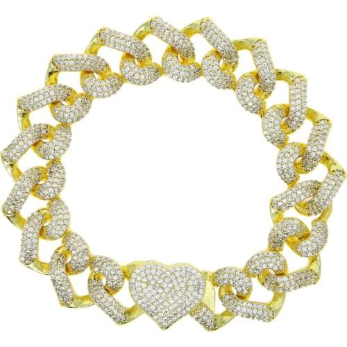 2021 New Arrived Hip Hop Iced Out Bling Women Jewelry Micro Pave CZ Heart Shaped Cuban Link Chain Bracelet