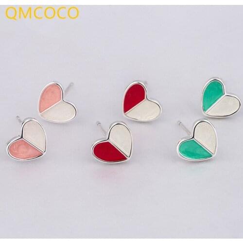 QMCOCO Fashion Earring Red Pink Green Three-Color Heart Shape Stud Earrings Gift For Girls Lady Earring Ornaments