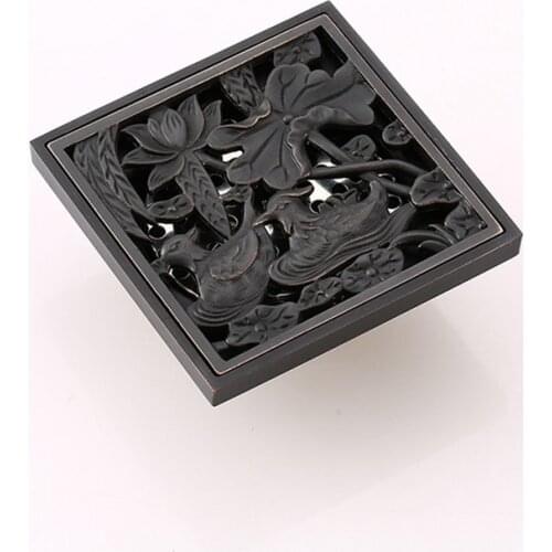 10*10cm Vintage Artistic Black Brass Bathroom Square Shower Floor Drain Trap Waste Grate With Hair Strainer anti smelly drains