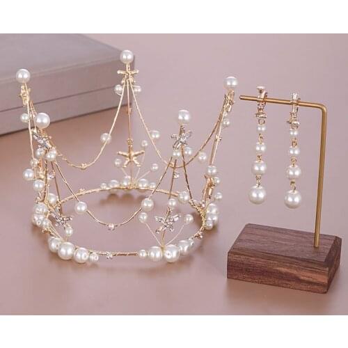 Luxury Gold Crystal Pearl Round Wedding Crown Bride Tiaras And Crowns Queen Diadem Bride Crown Bridal Hair Jewelry Accessories