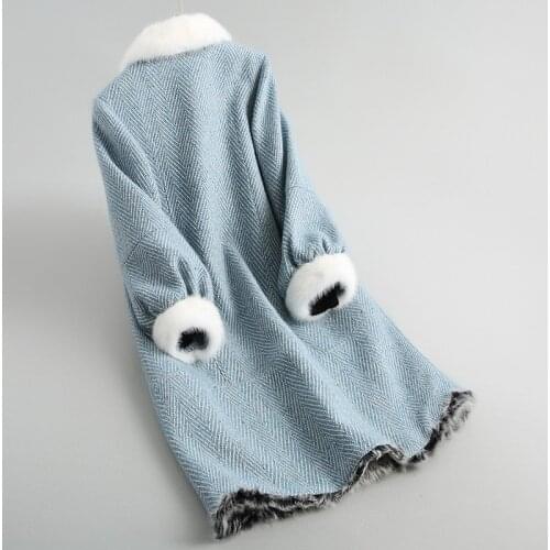 Luxury Real Fur Coat Female Long Natural Lamb Fur Lining 2020 Women Winter Tweed Woolen Coats Mink Fur Collar 18606