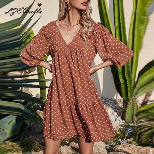 Polka Dot Chiffon Dress Brown Women Sexy V Neck Ruffle Mini Party Dress 2021 A Line Autumn Spring Clothes Female NZ2992
