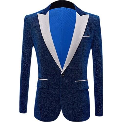 Blue Shiny Luxury Mens Blazers Stage Party Performance Suit Jackets Slim Fit Wedding Costume Homme Diamond Button Men Clothing