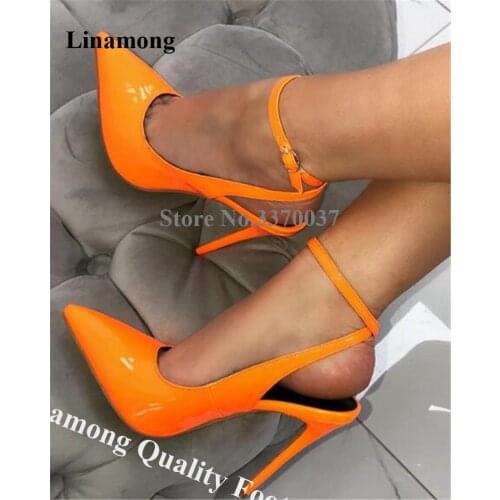 Women Fashion Pointed Toe Patent Leather Stiletto Heel Pumps Ankle Strap Buckle Orange Rose Red High Heels Formal Dress Shoes