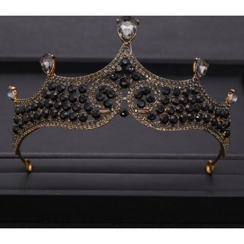 Vintage Wedding tiara Gold Alloy Black Baroque Crystal Rhinestone Headpiece Queen Crown for Bridal Hair Accessories Hair Jewelry
