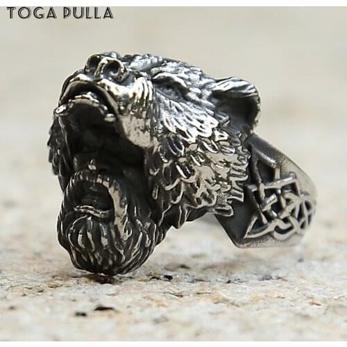 Vintage Mens Bear Head Warrior Viking Rings Cool 316LaStainless Steel Punk Biker Ring Male Nordic Celtics Knot Rings Jewelry