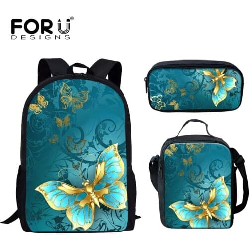 FORUDESIGNS Colorful Butterfly Pattern School Bags for Girl Large Capcity Student Schoolbags 3Pcs Set Lunch Bags and Pencil Bags