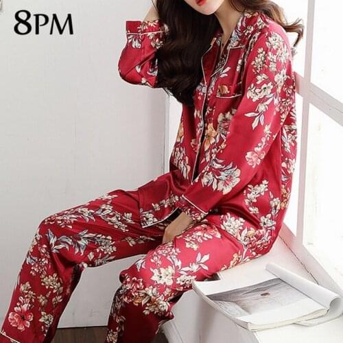Women Satin Pajamas Pants Blouse Printing Sleepwear Set Single Breasted V-neck Long Sleeve Silk Nightwear Homewear ouc686