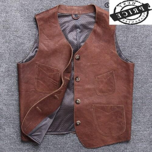 Genuine Leather Vintage Jacket Men Real Cow Leather Vest Casual Business Mens Leather Jacket Moto Biker Fit Outwear 1a21