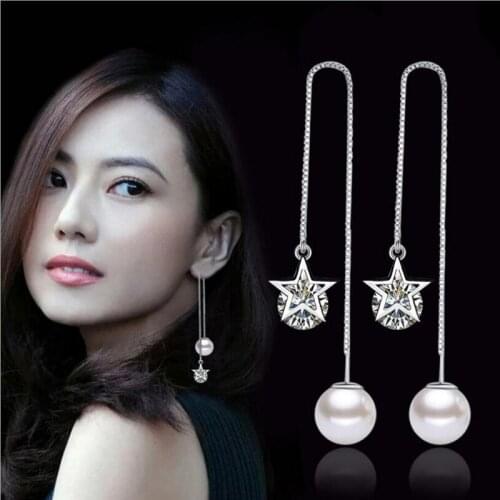 925 Sterling Silver Fashion Star Zirconia Pearl Earring Chain Long Tassel Earrings For Women boucle d'oreille S-E87