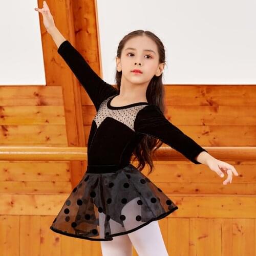 Girls Ballet Dress Velvet Dance Leotard Black Long Sleeve Gymnastics Leotards Ballet Skirt for Girls Dance Tutu Kids Costumes
