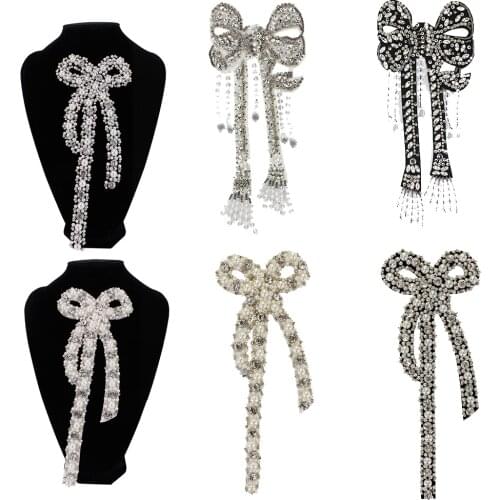 1pc Large Rhinestone Handmade Bow Beaded Patch for Clothing Sew on Tassel Applique Shoes Bag DIY Apparel Craft
